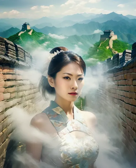 Multiple exposure, Double exposition,the great wall , Primitive village landscape with fog in the distance，Mai Shiranui，beautifull face,village: 0.33，Immerse yourself in the immense wind current，living in white clouds，behind the clouds，(double exposure: 1....