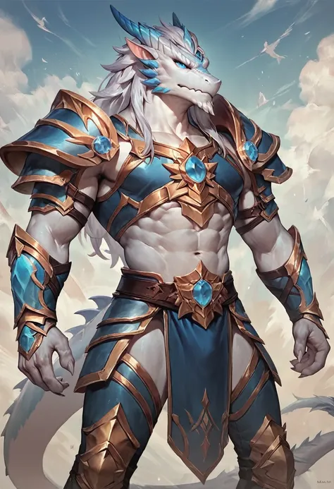 score_9, score_8_up, score_7_up, score_6_up, score_5_up, score_4_up, (solo), male anthro white dragon, standing, armor, blue cloth, paladin, badass, long white hair, sky dragon god, divine, majestic, blue eyes, 