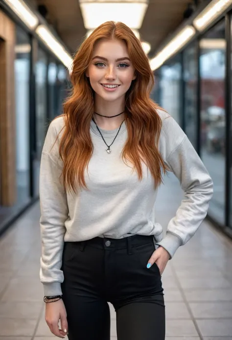 hyperrealistic beautiful busty 20-year-old woman with long legs wearing casual clothes longsleeve shirt with black skinny pants and sneakers, model shooting full body photography, natural redhead long straight hair, freckles, soaky wet skin, dark eye makeu...