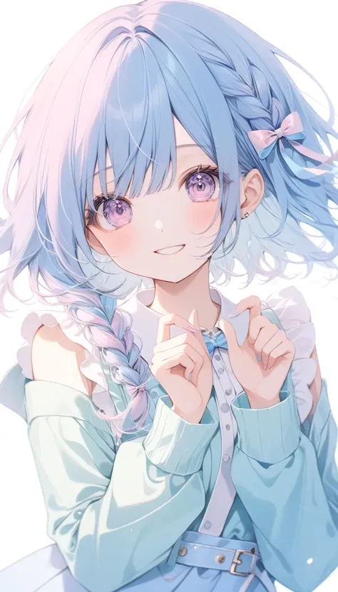 pastel colors, smile, 1girl,pastel blue color hair,