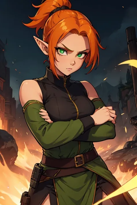 a woman, elf ears, ponytail hair, orange hair, short hair, glowing green eyes, assassin clothes, claws, looking at viewer