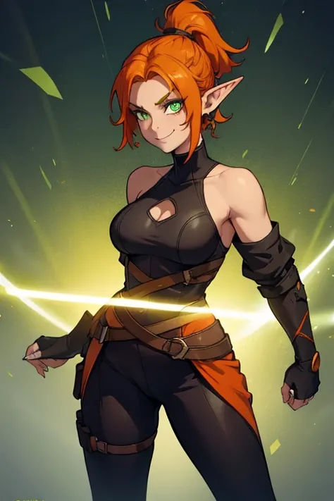 a woman, elf ears, ponytail hair, orange hair, short hair, glowing green eyes, assassins clothing, claws, looking at viewer, marks on neck, holes in neck, smiling, full body view