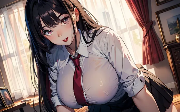 (masterpiece), best quality, absurdres, texture, highres, expressive eyes, perfect face, young adult, female, beautiful eyes, brown eyes, long black hair with curtain bangs, office skirt, sexy, pink outfit. Smile, tongue out, slightly chubby body, red lips