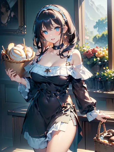 (perky chest:1.2), (pointed chest:1.2),(((Black Tunic:1.3))),(((cakes and bread in the basket),Cute and beautiful girl,Cute round face,Cute smile,with blush cheeks,Red Lip,solo, looking at viewer, open mouth, have a cute grass of cute beergrass,black hair,...