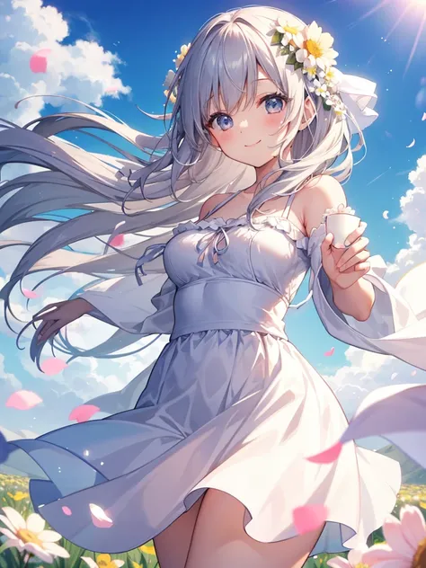 30-year-old female、Modest chest、A cup breasts、Hair blowing in the wind、A kind smile、Smile、Blooming flowers and flower field effect background、Warm sunshine、White flower on head、sunny、Spring season、petals dancing in the wind、Angel&#39;White wings from behin...