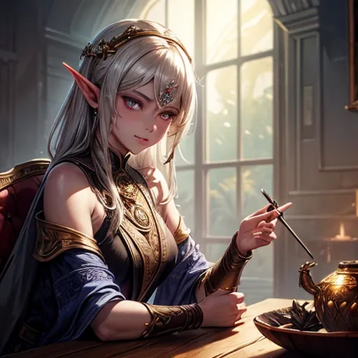 highest quality,masterpiece,masterpiece portrait,Intricate details,Magnificent Light,Fantasy,Dungeons & dragon,Retro,priest,Dark Elf,One girl,Wooden table,Shoulder strap,Grey Skin,Elegant smile,squint,Close-up portrait of a Mycenaean Drow woman wearing gol...