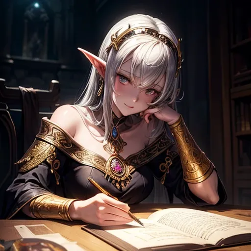 highest quality,masterpiece,masterpiece portrait,Intricate details,Magnificent Light,Fantasy,Dungeons & dragon,Retro,priest,Dark Elf,One girl,Wooden table,Shoulder strap,Grey Skin,Elegant smile,squint,Close-up portrait of a Mycenaean Drow woman wearing gol...