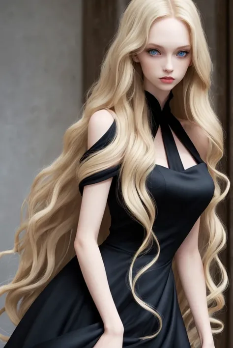 Slim girl, long, wavy blonde hair, blue eyes, pale skin and black dress