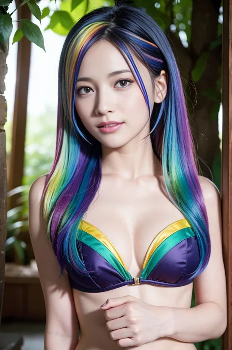 25 ans, ((detailed face, colorful rainbow hair:1.2)), yeux bleus, delicate, poudre de contour, sexy, French touch, cheveux de longueur moyenne, grains de beauté, sourire romantique, Seductive look, bonne couverture, éclairée par les flashs des photographes...