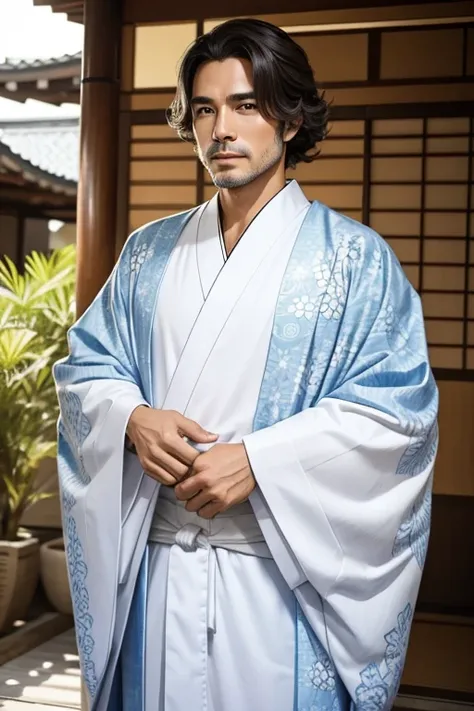 homem de kimono branco,cabelo comprido