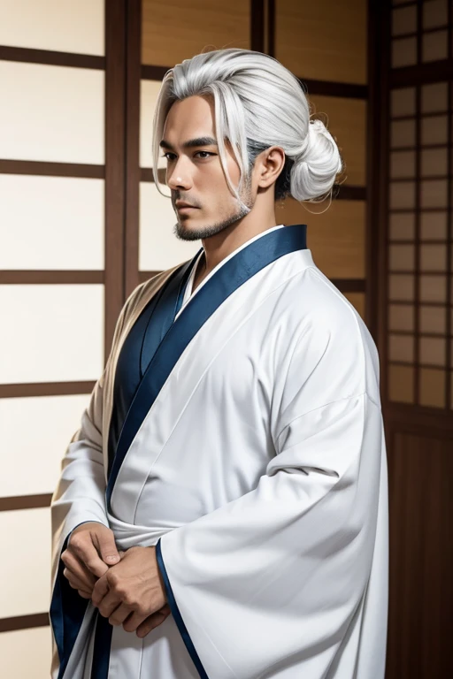 homem de kimono branco,cabelo comprido