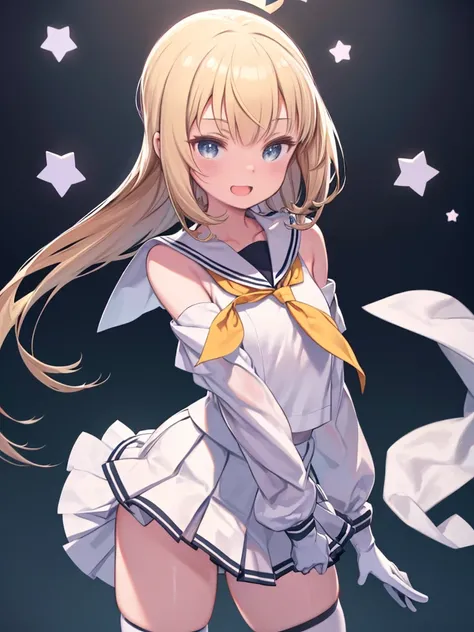 Fletcher (Kantai Collection), One girl, alone, skirt, chest, white Sailor collar, white skirt, gloves, yellow neckerchief, Knee socks, Sailor collar, blue shirt, , neckerchief, shirt, chestの谷間, Off the shoulder, Double good, serafuku, white gloves, pleated...