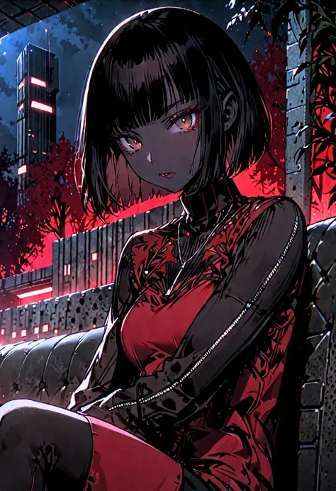 solo, female, sfw, medium shot, long hair, black hair, bob cut hair, futuristic, brutalist architecture, red forest landscape, brown eyes, black skin, sitting, velvet couch, close up, casual clothes, night