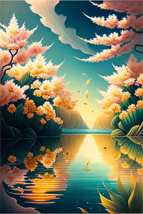 Gorgeous blossoms, serene water, an experience of feeling one with nature, coamic unity, divine onenenss with all things, conscious awareness and enlightenment, golden waves, high resolution, surreal realism 