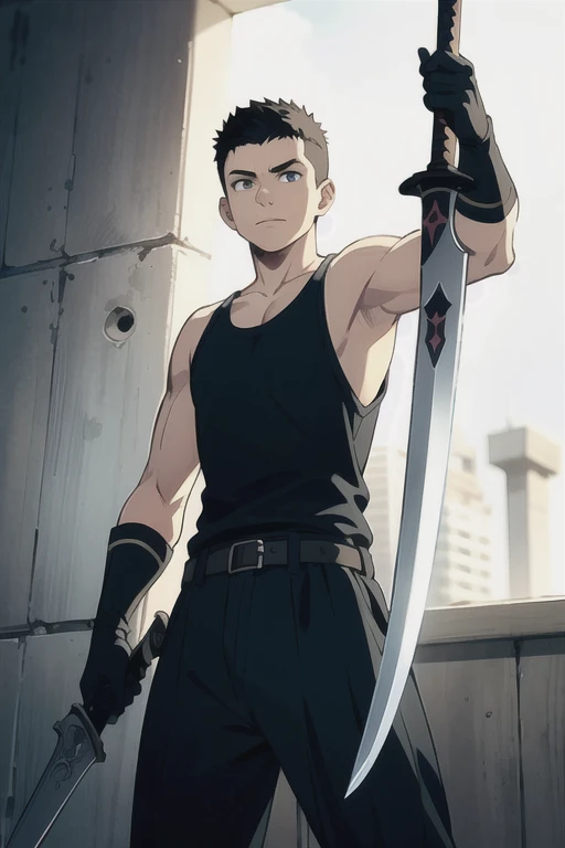 a young boy, shaved hair, warrior outfit, tank top, holding claymore, claymore, giant sword, black clothes, black sword, look at...