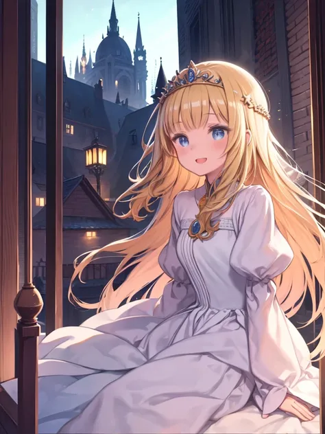 One girl、Brick balcony、Townscape of medieval Europe、Girl looking out from the balcony、Blonde、Wavy long hair、White Dress、tiara、princess、laughing、