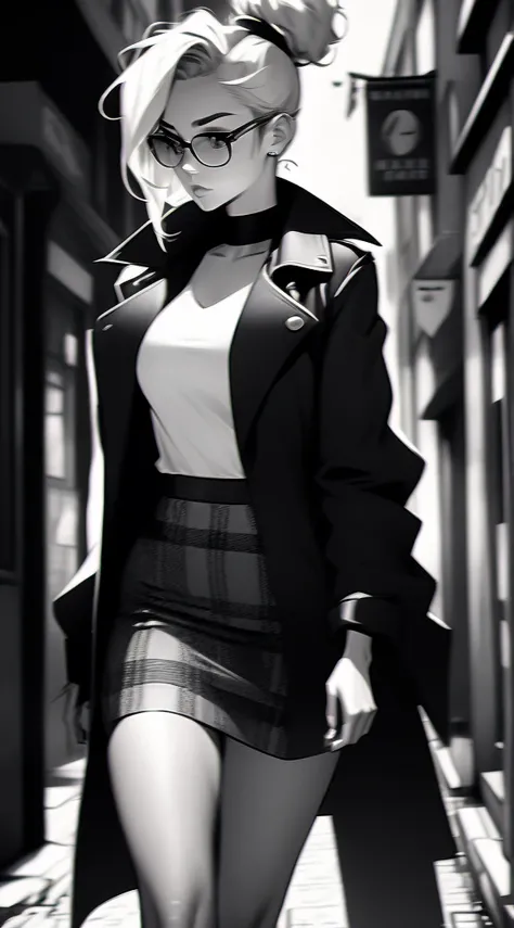 20 year old female detective, blonde hair with messy bun, eyeglasses, masterpiece, detailed, toned body, Noir et blanc, monochrome, femme fatale, black top, plaid skirt, long trench coat, walking down a street 