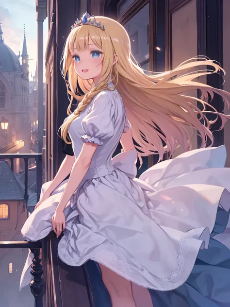 One girl、Brick balcony、Townscape of medieval Europe、Girl looking out from the balcony、Blonde、Wavy long hair、White Dress、tiara、princess、laughing、Angle from the side、blue sky、Fluttering in the wind、