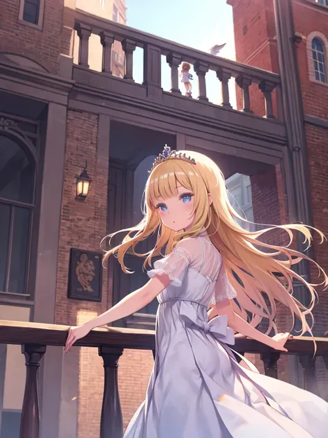 One girl、Brick balcony、Townscape of medieval Europe、Girl looking out from the balcony、Blonde、Wavy long hair、White Dress、tiara、princess、laughing、Angle from the side、blue sky、Fluttering in the wind、