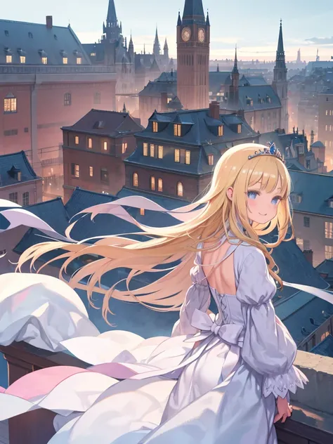 One girl、Brick balcony、Townscape of medieval Europe、Girl looking out from the balcony、Blonde、Wavy long hair、White Dress、tiara、princess、laughing、Angle from behind、blue sky、Fluttering in the wind、