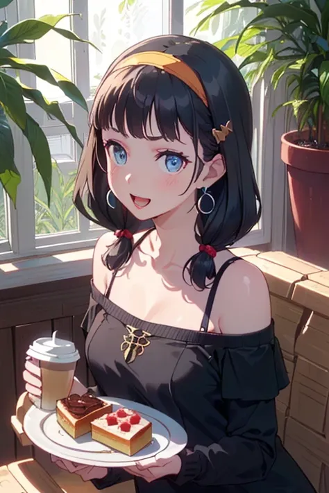 (perky chest:1.2), (pointed chest:1.2),(((Black Tunic:1.3))),(((cakes and bread in the basket),Cute and beautiful girl,Cute round face,Cute smile,with blush cheeks,Red Lip,solo, looking at viewer, open mouth, have a cute grass of cute beergrass,black hair,...