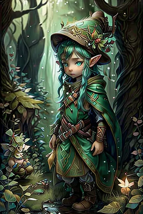 A wild elf wanders lost through the boreal forest.  His hat is alive.  Munchkins and fairies look from behind the trees.  A hanging branch seems to reach out to help the elf.  Lonely.  Beautiful.  Sharp focus.  32k.  Masterpiece art.