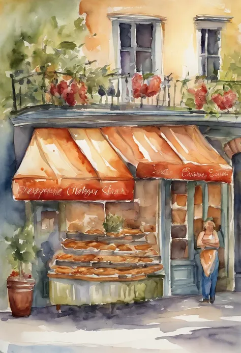 A beautiful watercolor painting of a pastry shop with a huge line of customers waiting for it to open.