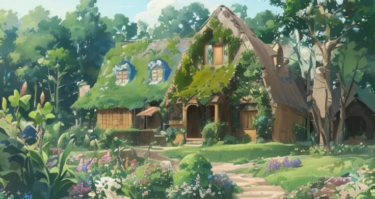 painting of a house with a green roof and garden, Studio Ghibli smooth concept art, Studio Ghibli environment, Studio Ghibli concept art, ghibli studio art, Hayao Miyazaki&#39;s style, Studio Ghibli scheme, by Miyazaki, style of Studio Ghibli, ghibli studi...