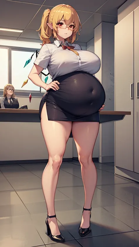 (Full body, glasses), An image of a pregnant Flandre scarlet with her belly on full display, huge breasts, office uniform