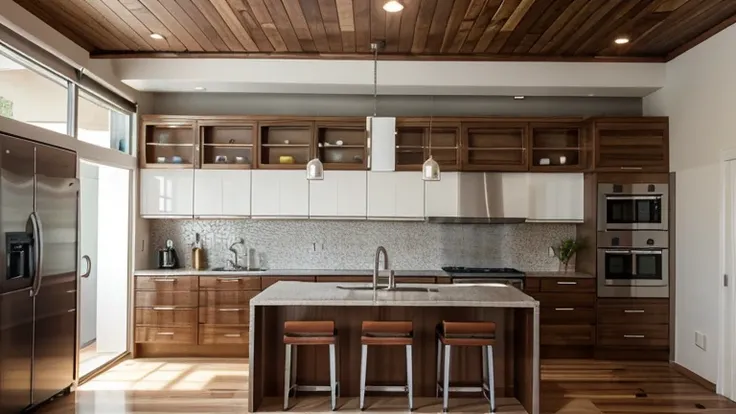 Integrated living and dining rooms and kitchen with 2.40 ceiling height.
The floor is covered in vinyl imitating cedar wood.
The kitchen is 16 square meters and it’s linear with the support of an island with cooktop and brushed stainless steel ceiling moun...