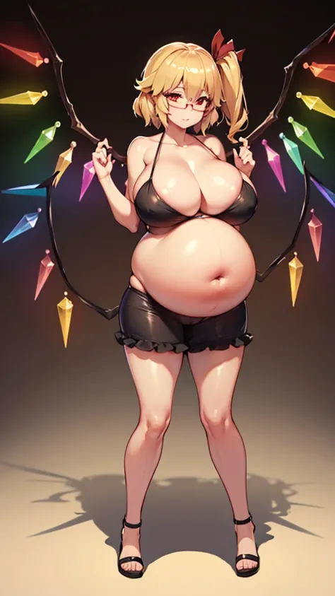 (Full body, glasses), An image of a pregnant Flandre scarlet with her belly on full display, huge breasts