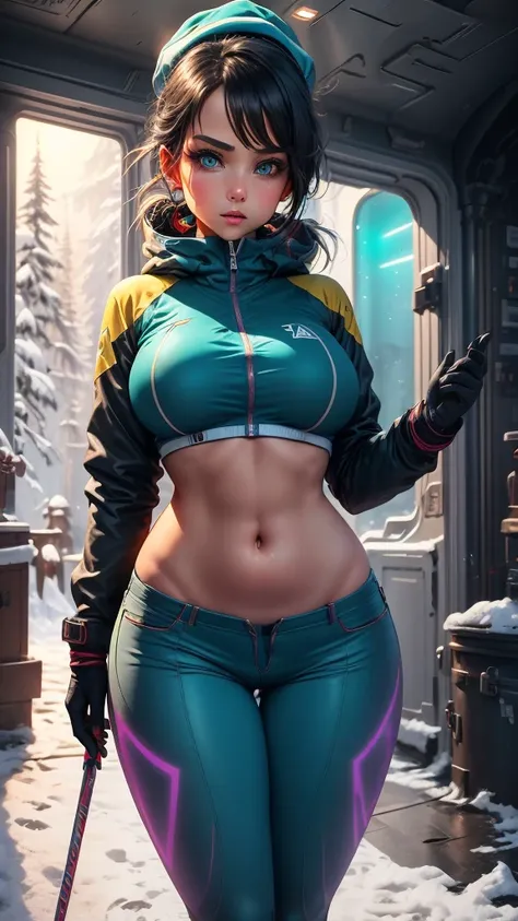 snowy landscape, straight body woman, slim, fit, light-skinned woman, dark hair, ponytail, ski jacket, open jacket, navel, abdominal lines, close-up, bright green eyes, vibrant colors, teal jacket and yellow, ski poles, ski pants, (((rich textures))), ((ex...