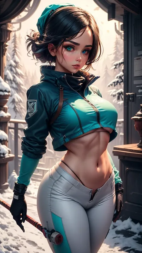 snowy landscape, straight body woman, slim, fit, light-skinned woman, dark hair, ponytail, ski jacket, open jacket, navel, abdominal lines, close-up, bright green eyes, vibrant colors, teal jacket and yellow, ski poles, ski pants, (((rich textures))), ((ex...