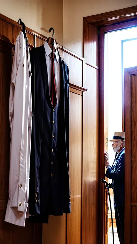 an old man with a cane looks at a tight combat suit hanging on a hanger