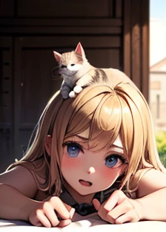 masterpiece, 最high quality, ,((((a cat is sitting on the head of a girl lying face down)))),(((girl looking up at cat))),((close...