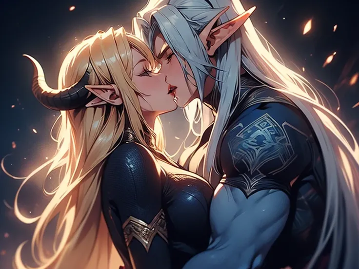 (female elf and male elf) (male elf with big muscles and long blue hair) a tall long haired male elf with dark blue long hair and big muscles and demon horns kisses a female blonde elf, tongue kiss, lovers, intense kiss 