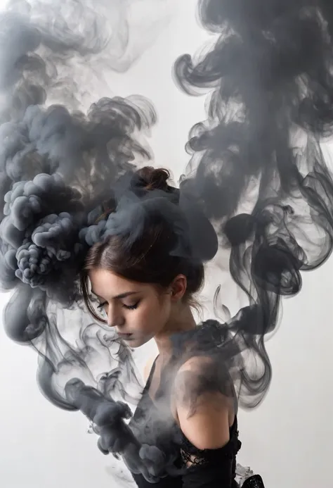 smoky art, drawing with gray smoke on a white background, (smoky:1.3) silhouette of a girl on a white background, a girl made of...