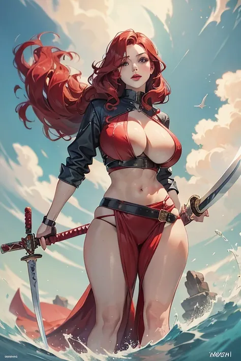 A large breasted redhead holding a sword behind her back, wide hips, thin waist, beautiful full red lips, lush wavy hair, long torpedo shaped tits,