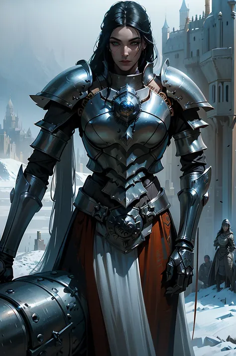 medieval armor, resplendent armor ((Rusty white armor with hoses and gears, metal mesh )) tall slim woman with blue eyes long black hair white skin tall stature upturned nose thin face, medieval armor with glowing white futuristic breastplate, full body ar...