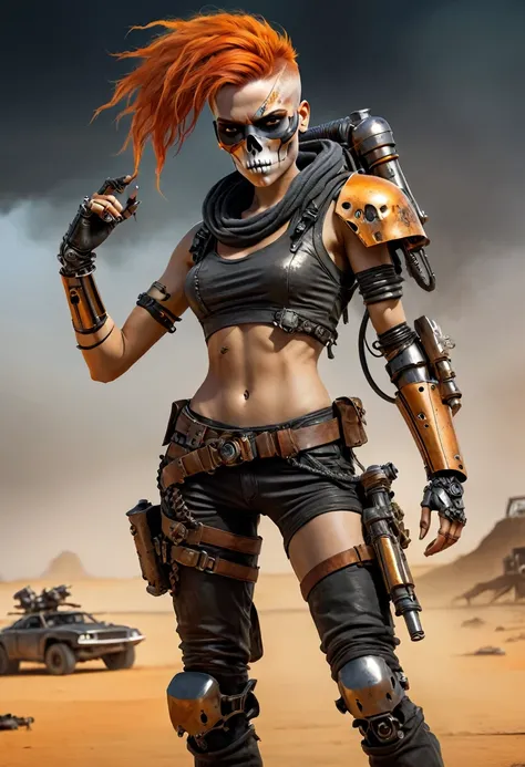 Skull girl art work, game concept, character sheet, mad max furiosa, one hand robot, cyborg arm, orange hair, metal heavy rock theme