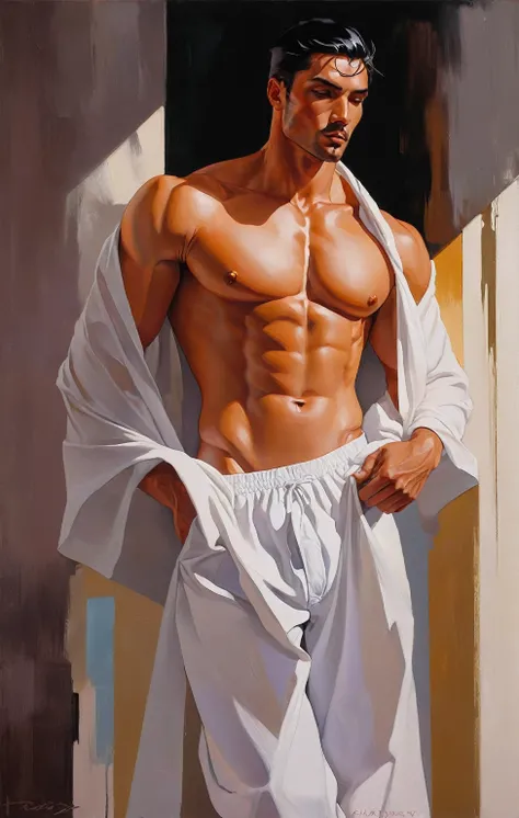 chiaroscuro technique on sensual illustration of Handsome, square jaws,fit body,side view,head up,naked,nude,muscular body,six pack abs,tan skin,muscular arms,big hands,half bosy,white tight underwear,white , mid-shot of a hunky, the model draped in flowin...