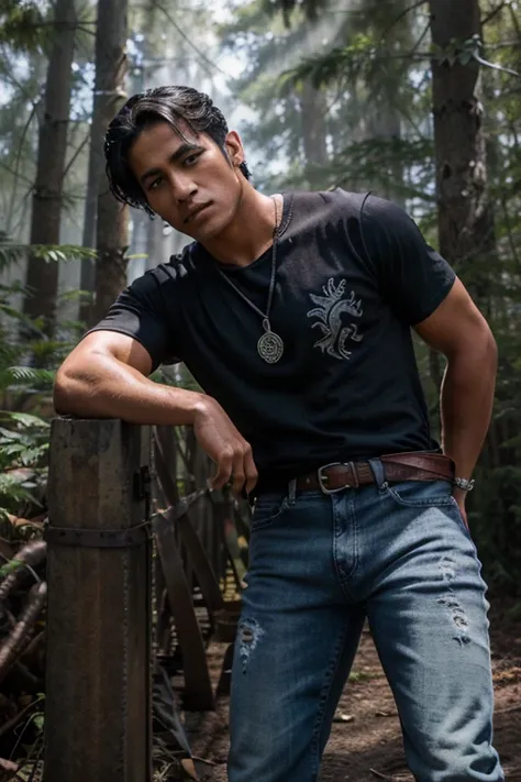 Keahu Kahuanui, Danny Māhealani, Teen Wolf, 18 years old, short and messy black hair, brown eyes, dark blue denim t-shirt, black denim pants, black combat boots. silver pendant, white wolf print. Forest background with fog aura around black color.