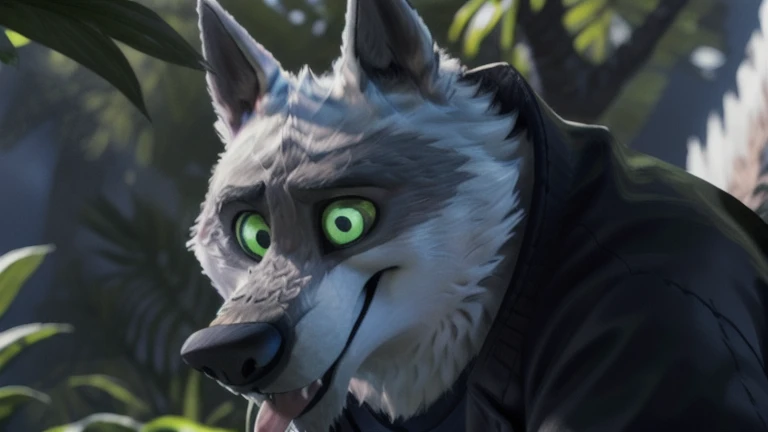 cute cartoon of a (gary (zootopia)) wearing a (leather jacket), solo, wolf, white fur, tongue out, completely glowing green eyes with no irises or pupils, walking on all fours, BREAK, jungle background, (intricate, high detail, film photography, soft focus...