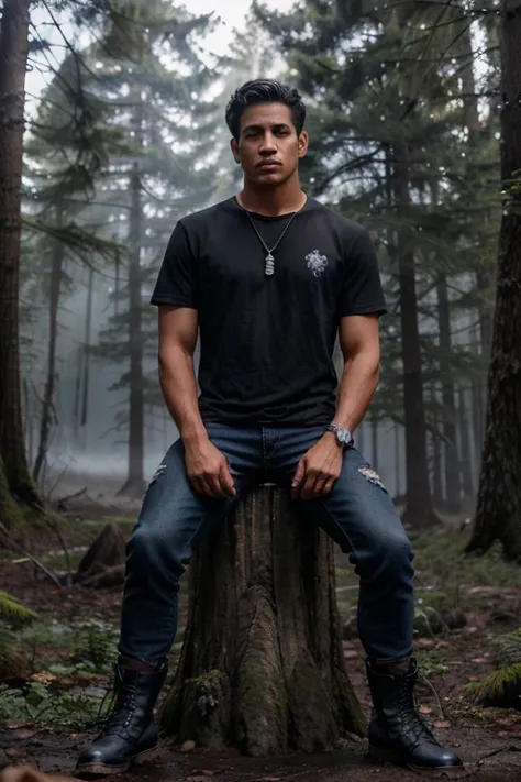 Keahu Kahuanui, Danny Māhealani, Teen Wolf, 18 years old, short and messy black hair, brown eyes, dark blue denim t-shirt, black denim pants, black combat boots. silver pendant, white wolf print. Forest background with fog aura around black color.