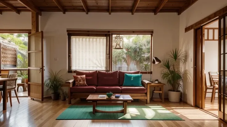 Ambiente integrado entre salas e cozinha de um apartamento possuindo 2,40 ceilings and 24m². The floor is covered in vinyl imitating cedar wood.. The layout is fluid, allowing good circulation. The sofa is a 3-seater tatami style sofa with ivory twill fabr...