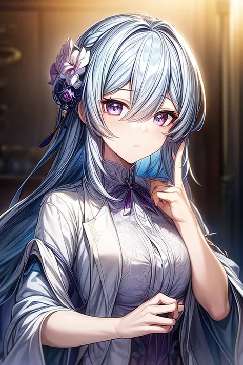 (masterpiece, best quality, perfect face, expressive eyes), 1girl, (anime), (adult), long light blue hair, purple eyes, hair flower ornament, (white lab coat), intricate details