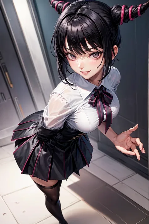 juri han, work of art, tight white secretary shirt with black tie, black high waist skirt, short skirt, black hair, black tights,evil smile,office,franja nos olhos,lighting,chifre de cabelos,view from above,olhando para cima
