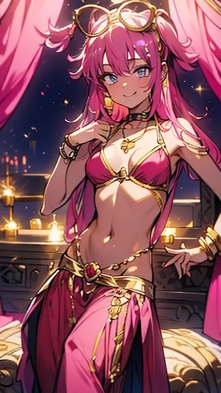 A smug narcissistic pink haired goddess wearing a golden bra and golden pants and lots of jewelry flaunting herself