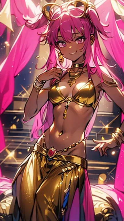 A smug narcissistic pink haired goddess wearing a golden bra and golden pants and lots of jewelry flaunting herself