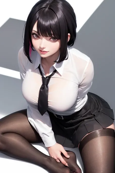 juri han, work of art, tight white secretary shirt with black tie, black high waist skirt, short skirt, black hair, black tights,evil smile,office,franja nos olhos,lighting,chifre de cabelos,view from above,olhando para cima
